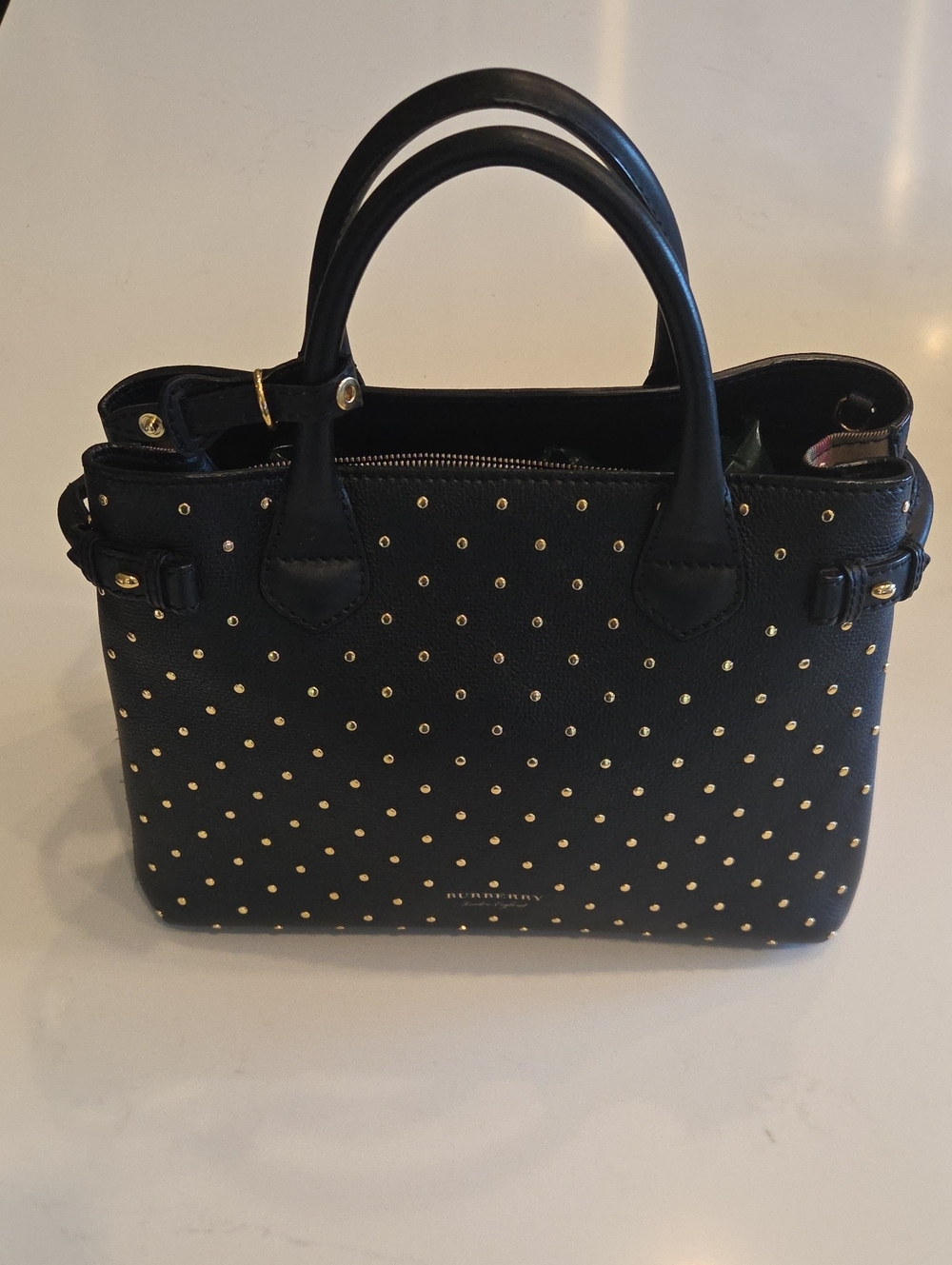 Burberry Black Leather Studded Satchel with Gold Accents